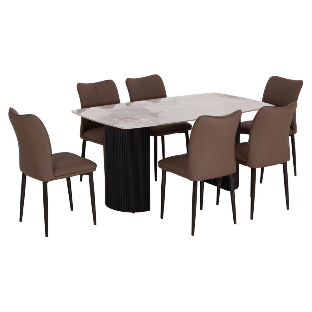 Σετ Τραπεζαρίας MINAO C21362 7τεμ. Κεραμικό Top - Mdf πόδια & PU Καφέ - Μεταλλικά πόδια