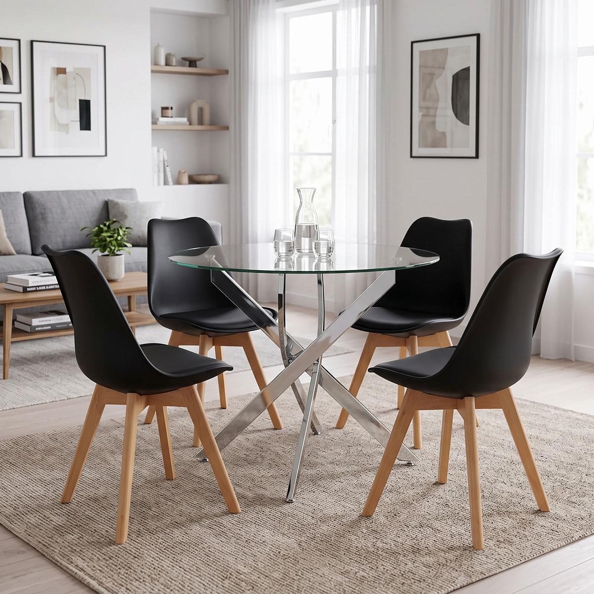 Τραπεζαρία με Καρέκλες Gaston μαύρο και Τραπέζι Antoro γυαλί με βάση χρωμίου Φ80x75εκ Σετ 5τεμ Τραπεζαρία με Καρέκλες Gaston μαύρο και Τραπέζι Antoro γυαλί με βάση χρωμίου Φ80x75εκ Σετ 5τεμ
