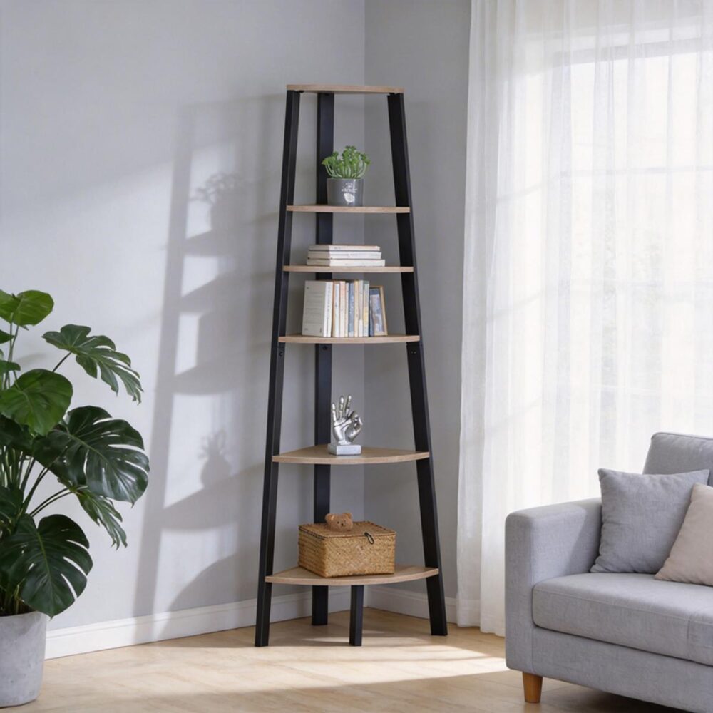 Βιβλιοθήκη Γωνιακή Arvia oak με μαύρο μέταλλο 53.4x37.8x160.3εκ Βιβλιοθήκη Γωνιακή Arvia oak με μαύρο μέταλλο 53.4x37.8x160.3εκ