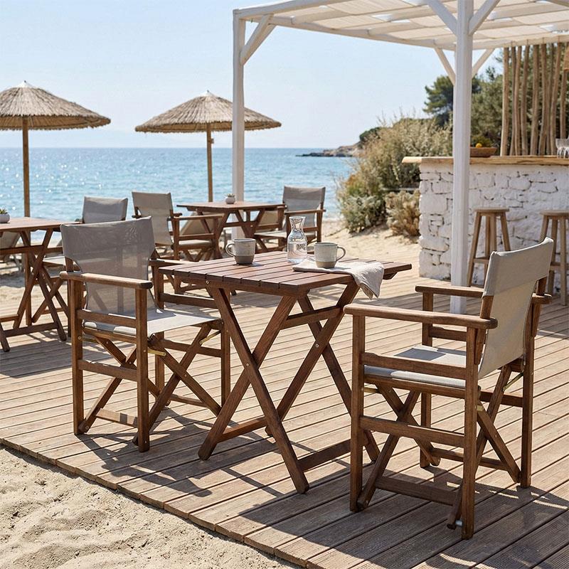 Σετ κήπου Tραπεζαρία Retto 3τμχ μασίφ ξύλο οξιάς καρυδί - πανί γκρί - μπέζ 60x60x71εκ