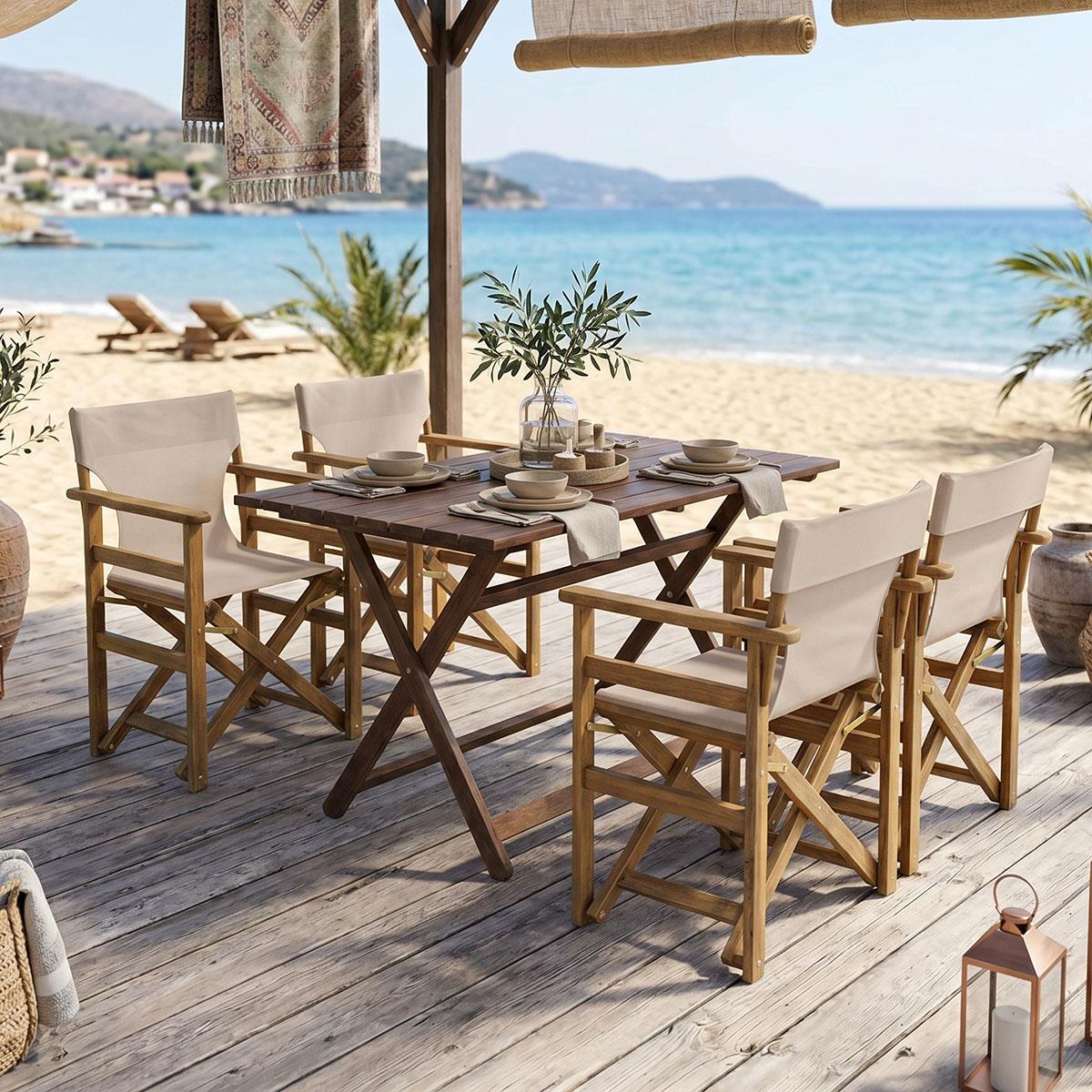 Σετ κήπου Tραπεζαρία Retto 5τμχ μασίφ ξύλο οξιάς καρυδί - πανί μπέζ - γκρί 100x60x71εκ