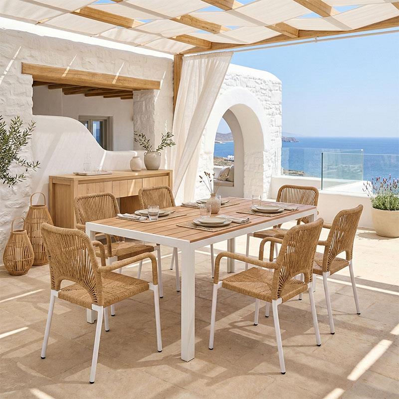 Τραπεζαρία Nares-Norture B σετ 7τεμ λευκό αλουμίνιο και plywood σε φυσική απόχρωση 180x90x72.5εκ
