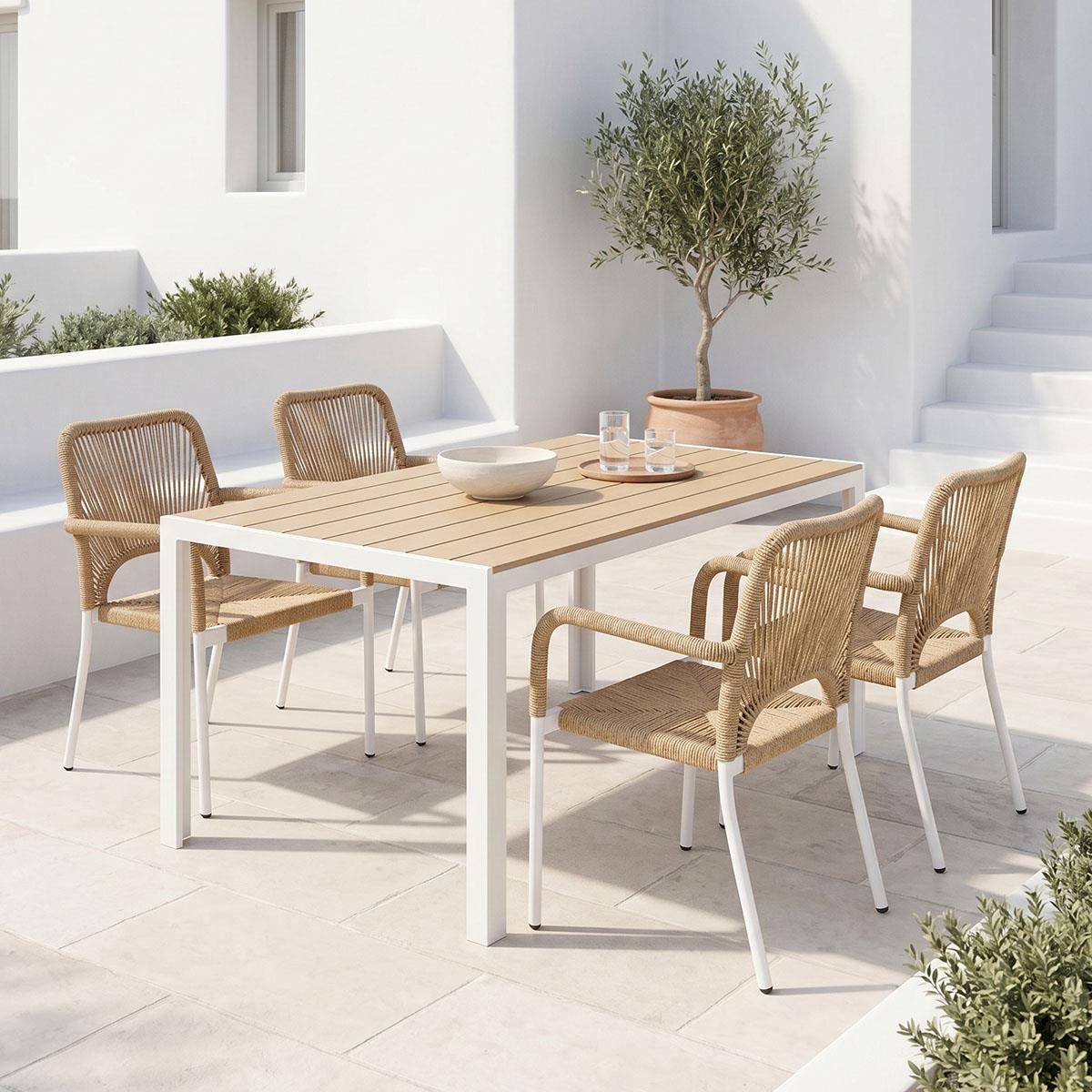 Τραπεζαρία Nares-Norture A σετ 5τεμ λευκό αλουμίνιο και plywood σε φυσική απόχρωση 140x80x72.5εκ