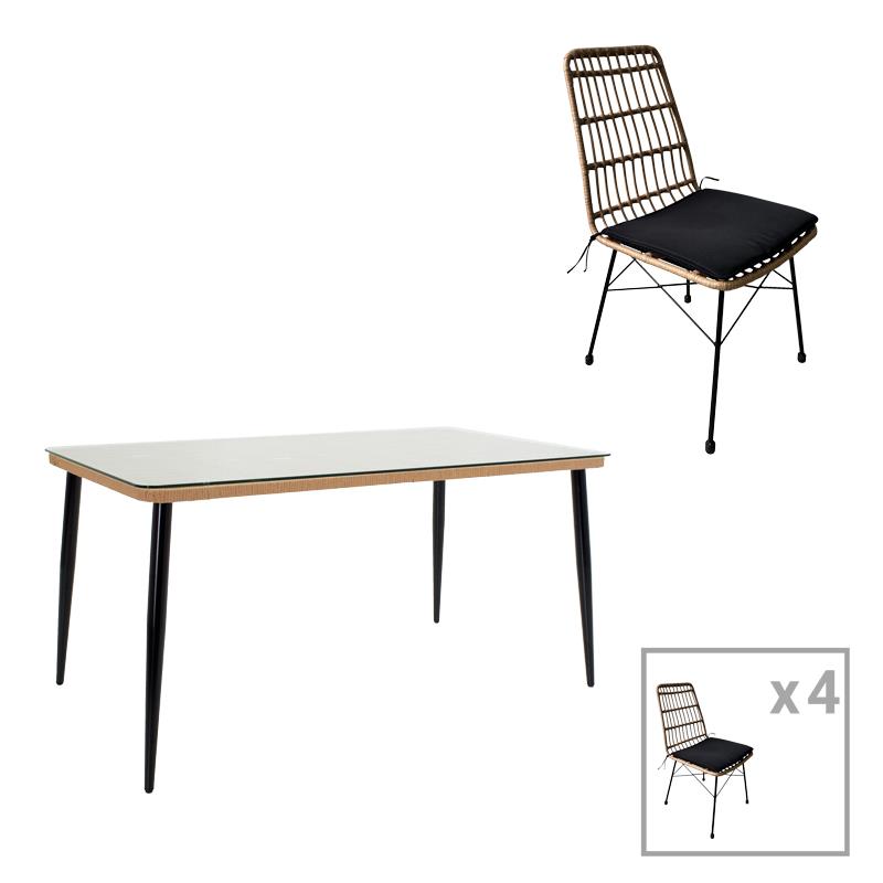 Σετ κήπου Τραπεζαρία Naoki U 5τεμ rattan pe σε φυσικό και μαύρο μέταλλο 160x90x78εκ
