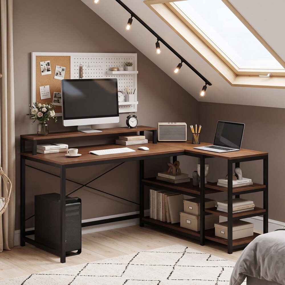 Γραφείο γωνιακό Tebul MDF-metal σε καρυδί απόχρωση 130x60x88εκ Γραφείο γωνιακό Tebul MDF-metal σε καρυδί απόχρωση 130x60x88εκ