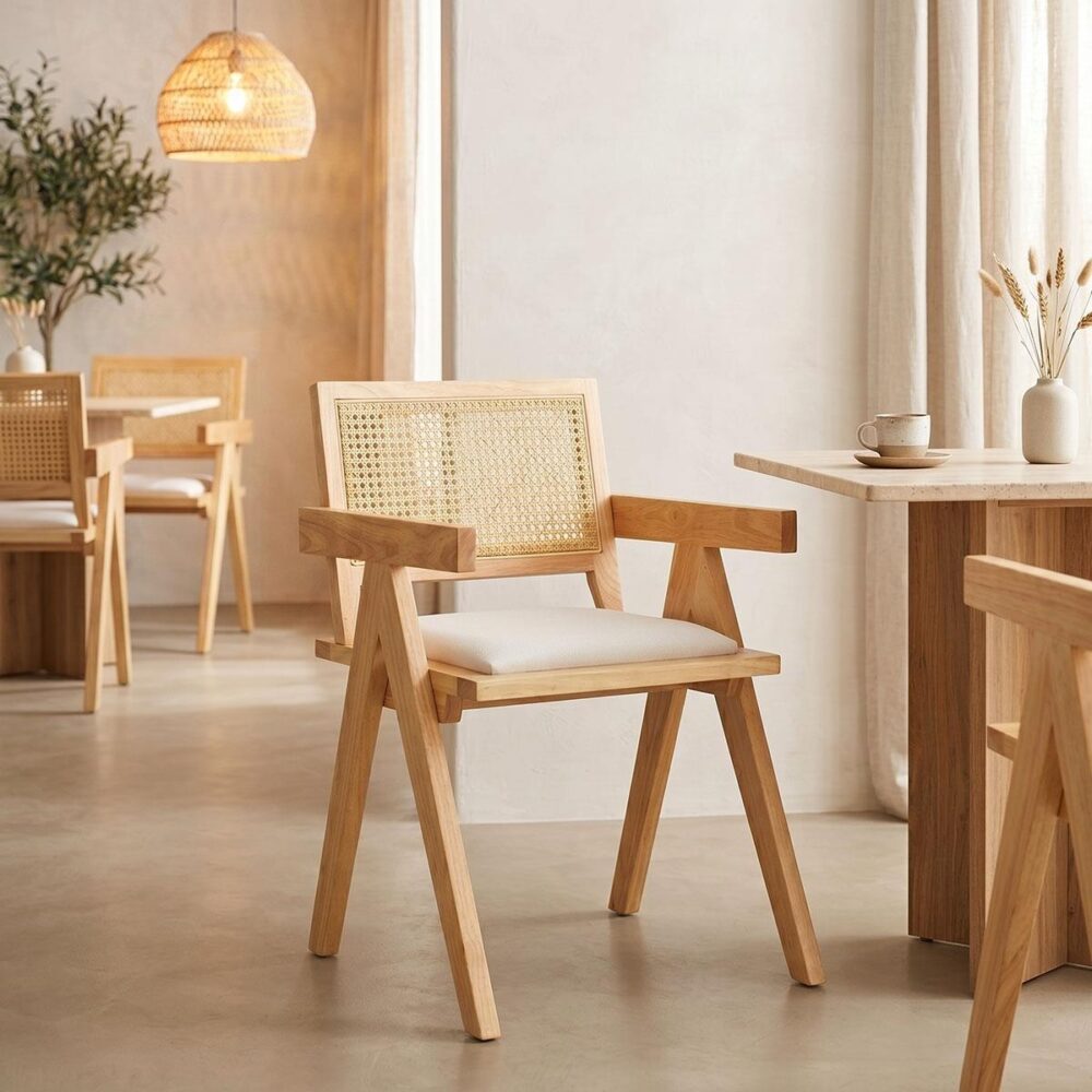 Καρέκλα - Πολυθρόνα Winslow rubberwood σε φυσική απόχρωση-ύφασμα λευκό 51x54x80εκ