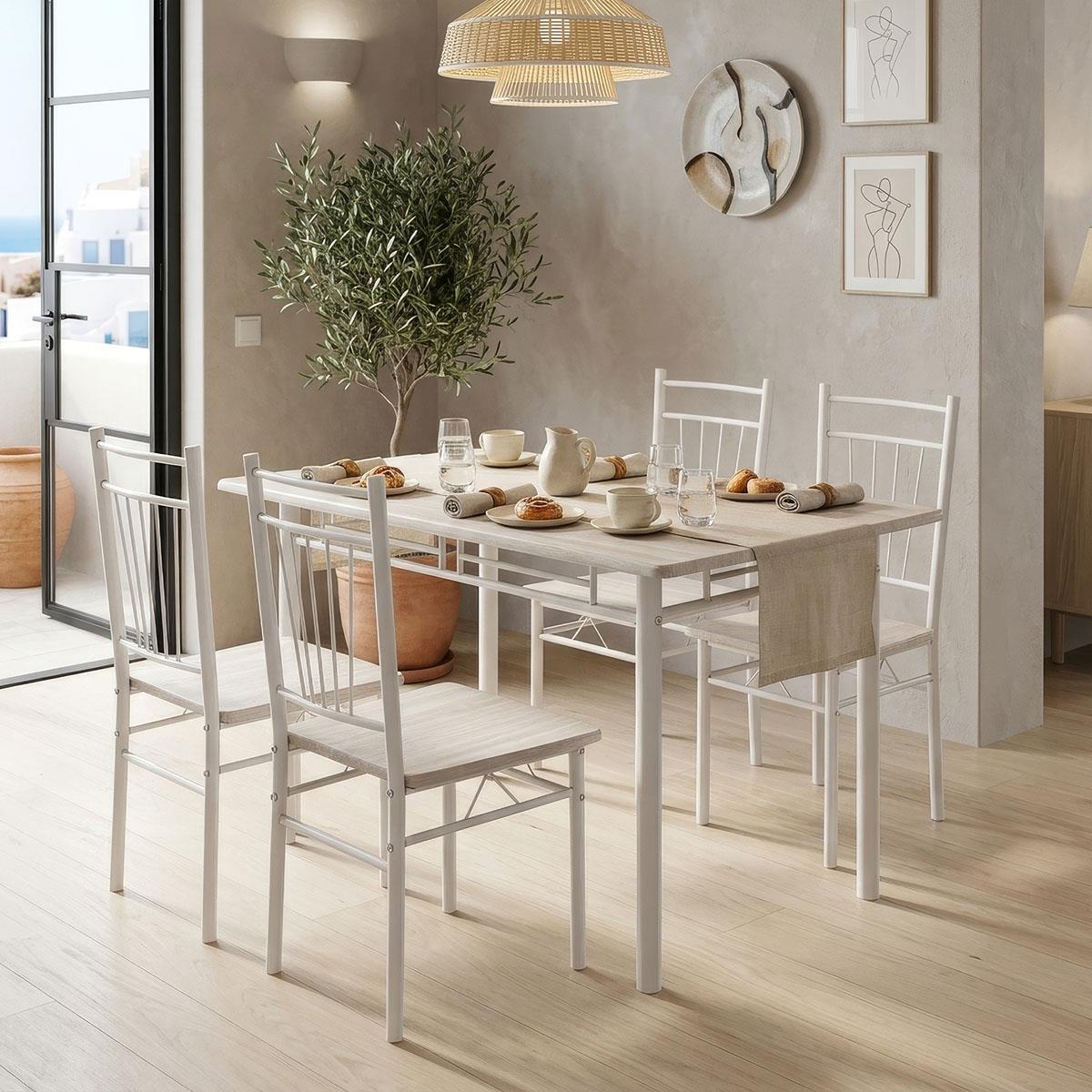 Σετ τραπεζαρία Roza 5τμχ mdf sonoma με μεταλλικό λευκό πόδι 110x60x75εκ Σετ τραπεζαρία Roza 5τμχ mdf sonoma με μεταλλικό λευκό πόδι 110x60x75εκ