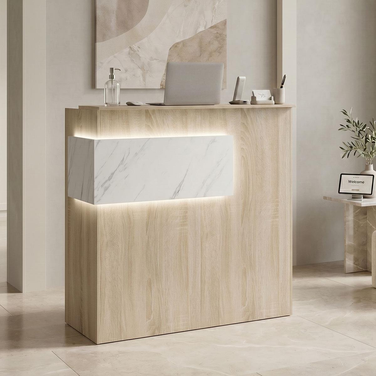 Γραφείο reception Optima με led sonoma - λευκή όψη μαρμάρου 110x40x110εκ Γραφείο reception Optima με led sonoma - λευκή όψη μαρμάρου 110x40x110εκ