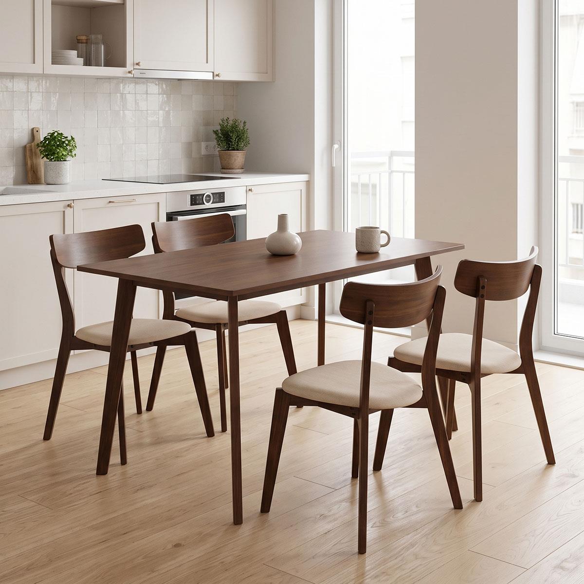 Tραπεζαρία Benson - Toto σετ 5τμχ καρυδί - ύφασμα μπεζ 120x75x75εκ Tραπεζαρία Benson - Toto σετ 5τμχ καρυδί - ύφασμα μπεζ 120x75x75εκ