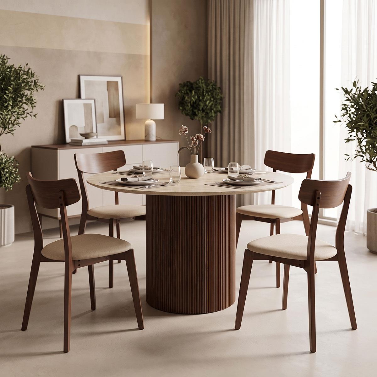 Τραπέζι Sikulu mdf καρυδί - μπεζ όψη τραβερτίνας Φ125x77εκ