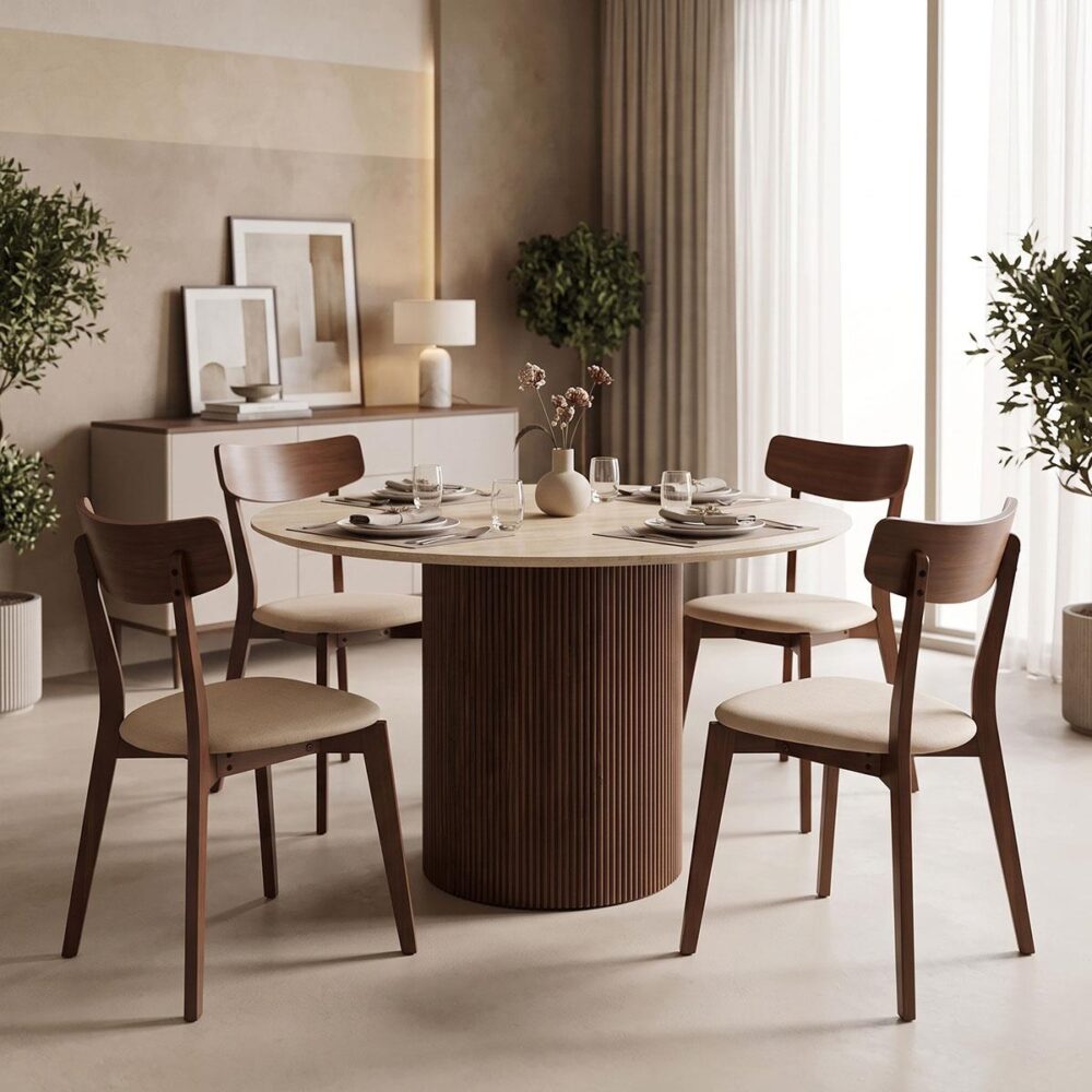 Τραπέζι Sikulu mdf καρυδί - μπεζ όψη τραβερτίνας Φ125x77εκ