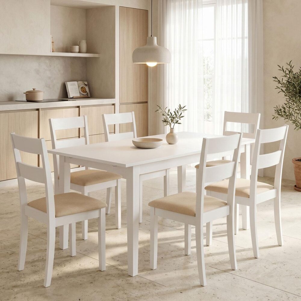 Σετ Τραπεζαρία Dallan Mabor 7τεμ λευκό rubberwood 120-150x80x73,8εκ Σετ Τραπεζαρία Dallan Mabor 7τεμ λευκό rubberwood 120-150x80x73,8εκ