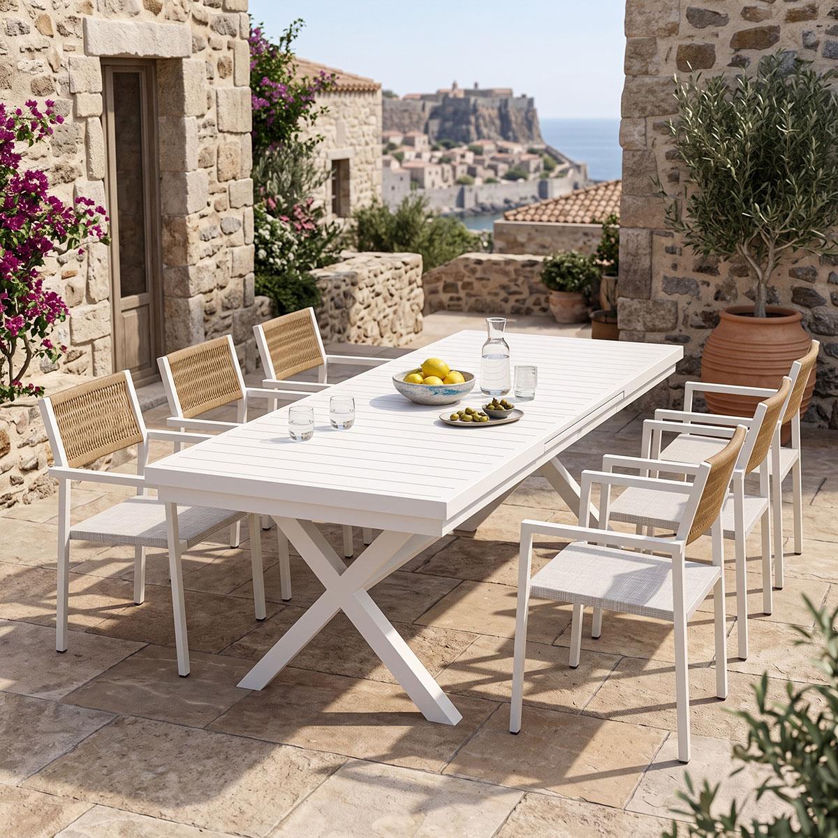 Σετ Τραπεζαρία Κήπου Dagyn Savor 7τεμ λευκό αλουμίνιο με textline PE rattan σε φυσική απόχρωση 180-240x90x76εκ Σετ Τραπεζαρία Κήπου Dagyn Savor 7τεμ λευκό αλουμίνιο με textline PE rattan σε φυσική απόχρωση 180-240x90x76εκ