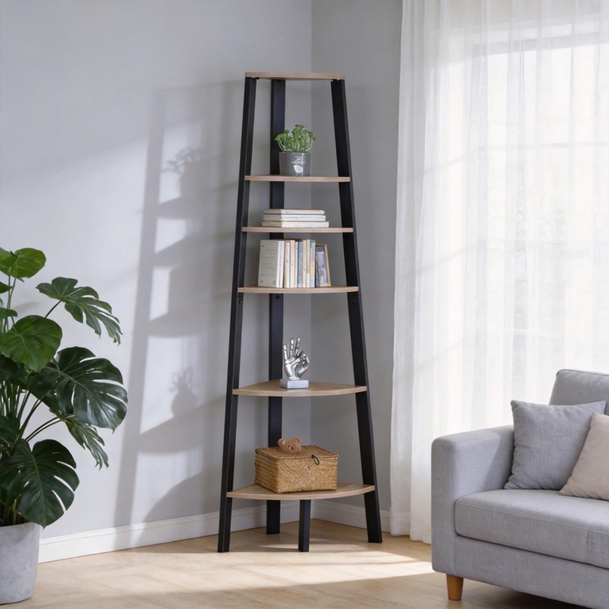 Βιβλιοθήκη Γωνιακή Arvia oak με μαύρο μέταλλο 53.4x37.8x160.3εκ