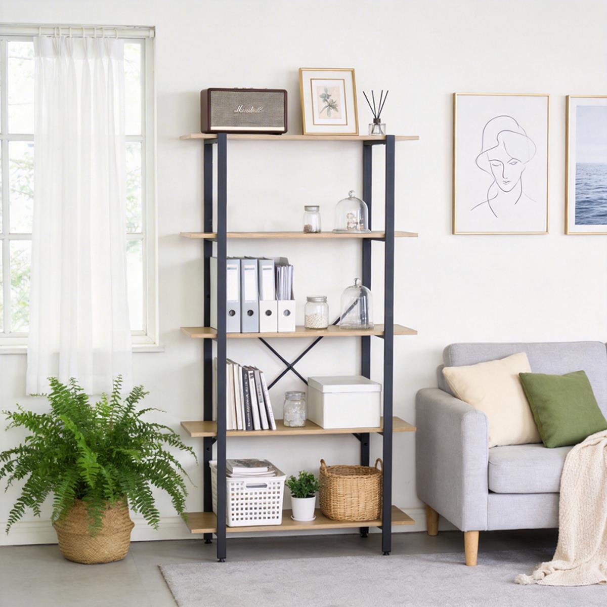 Βιβλιοθήκη Nebranzo oak με μαύρο μέταλλο 80x34x155.3εκ
