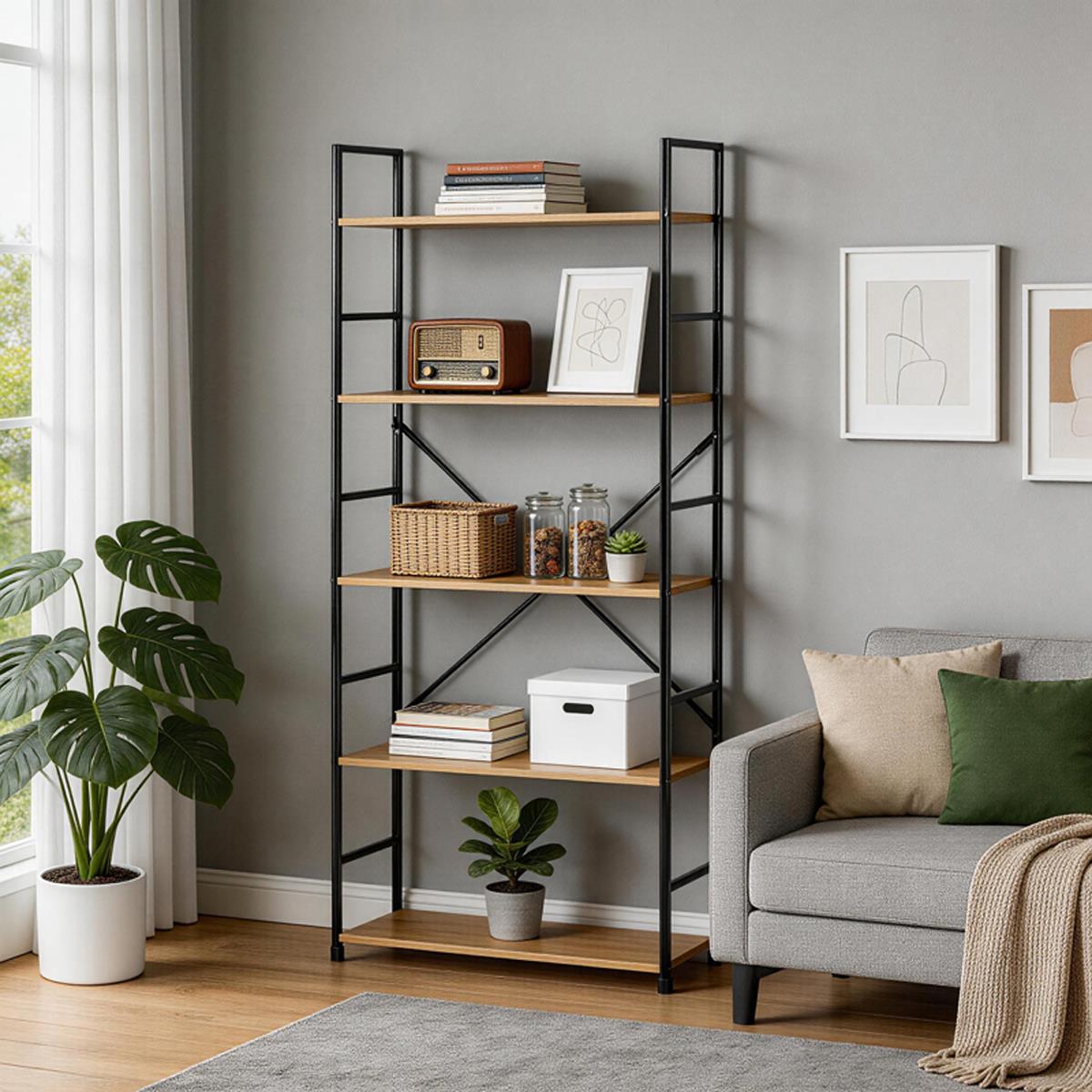 Βιβλιοθήκη Manlo oak με μαύρο μέταλλο 58.6x23.5x144εκ