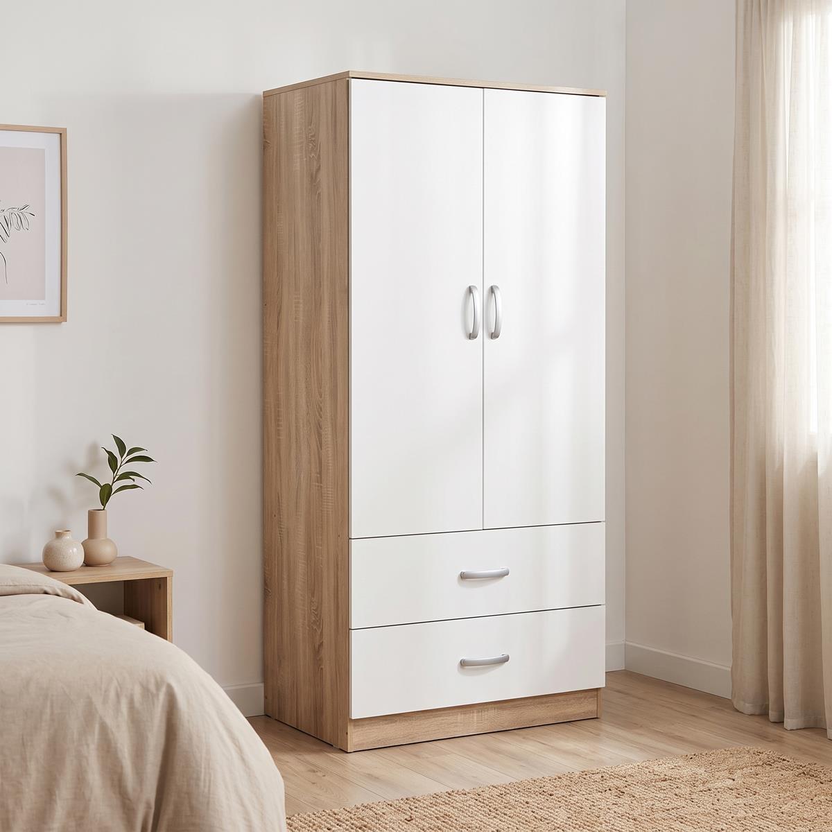 Ντουλάπα δίφυλλη Alvia με 2 συρτάρια σε λευκό με sonoma 80x51.5x180εκ Ντουλάπα δίφυλλη Alvia με 2 συρτάρια σε λευκό με sonoma 80x51.5x180εκ