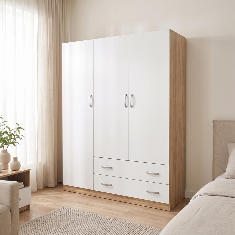 Ντουλάπα τρίφυλλη Alvia με 2 συρτάρια λευκό με sonoma 150x51x180εκ Ντουλάπα τρίφυλλη Alvia με 2 συρτάρια λευκό με sonoma 150x51x180εκ
