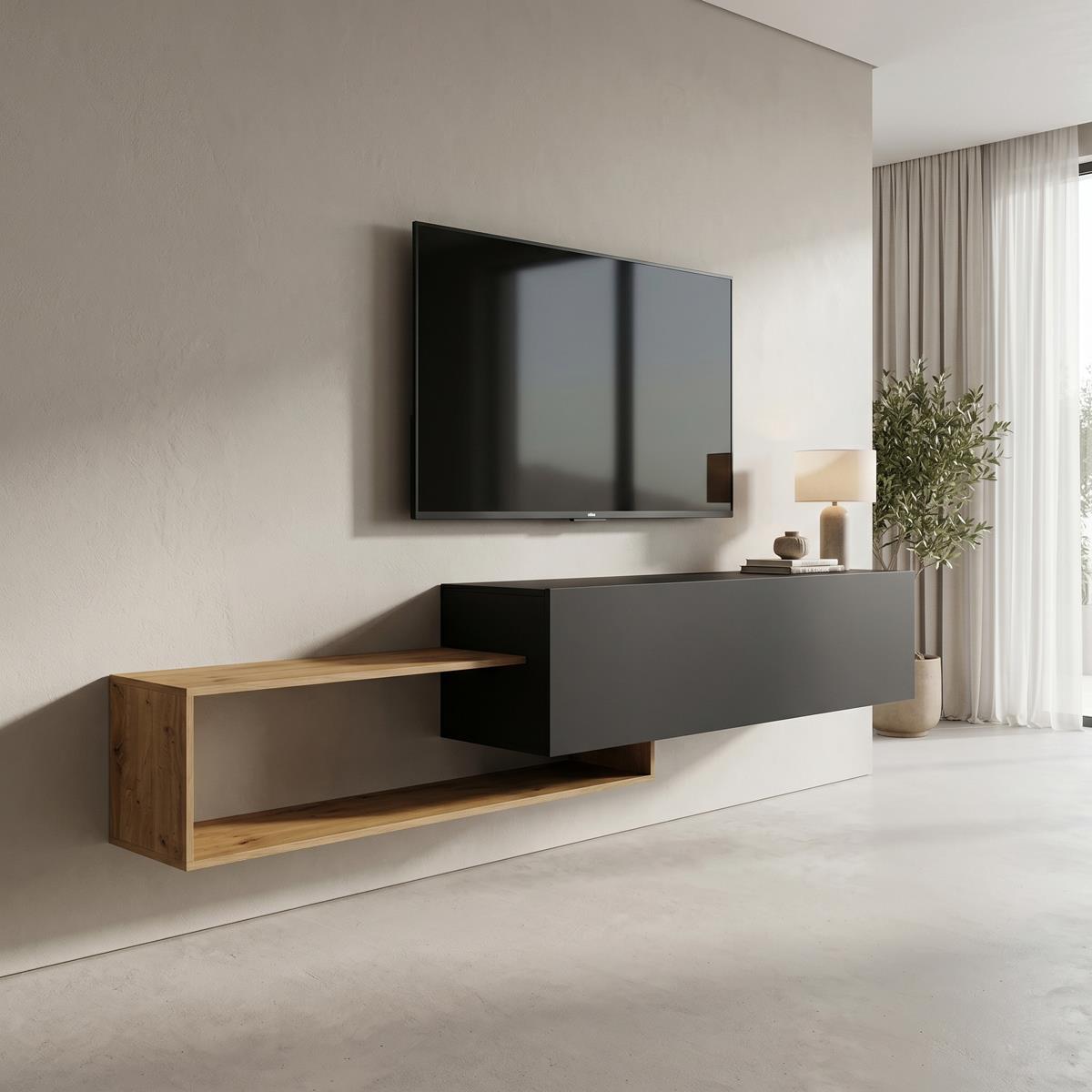 Έπιπλο τηλεόρασης επιτοίχιο Olande σε oak-μαύρο 210x35x48εκ