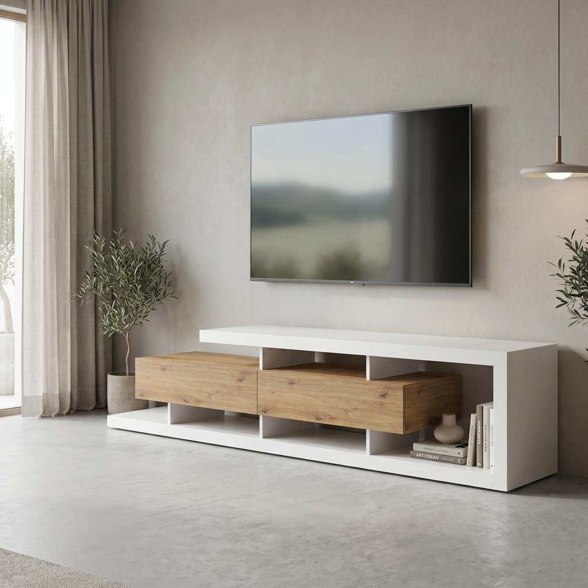 Έπιπλο τηλεόρασης Arbero σε λευκό-oak 198x40x45εκ