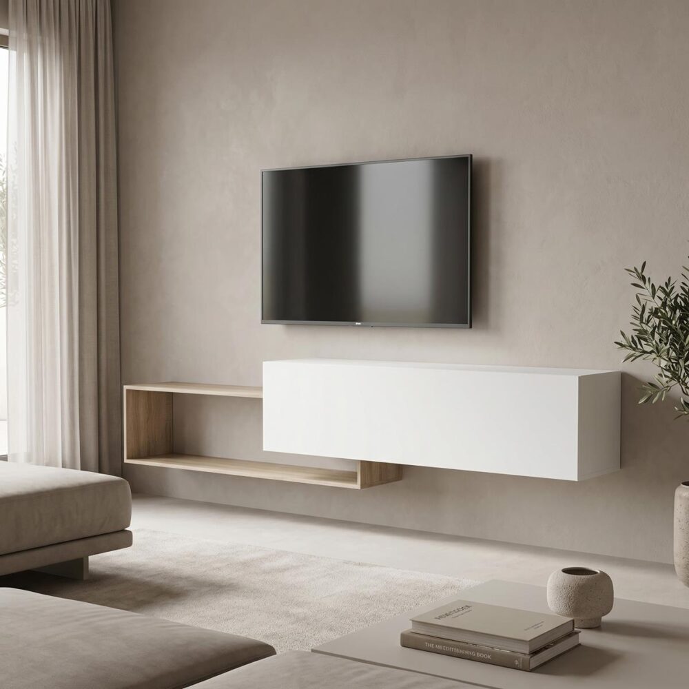 Έπιπλο τηλεόρασης επιτοίχιο Olande σε sonoma-λευκό 210x35x48εκ Έπιπλο τηλεόρασης επιτοίχιο Olande σε sonoma-λευκό 210x35x48εκ