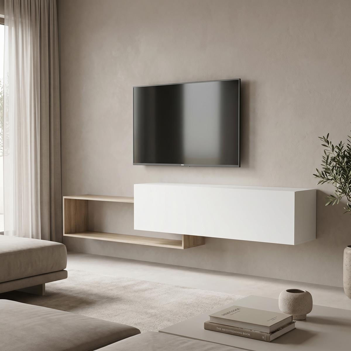 Έπιπλο τηλεόρασης επιτοίχιο Olande σε sonoma-λευκό 210x35x48εκ