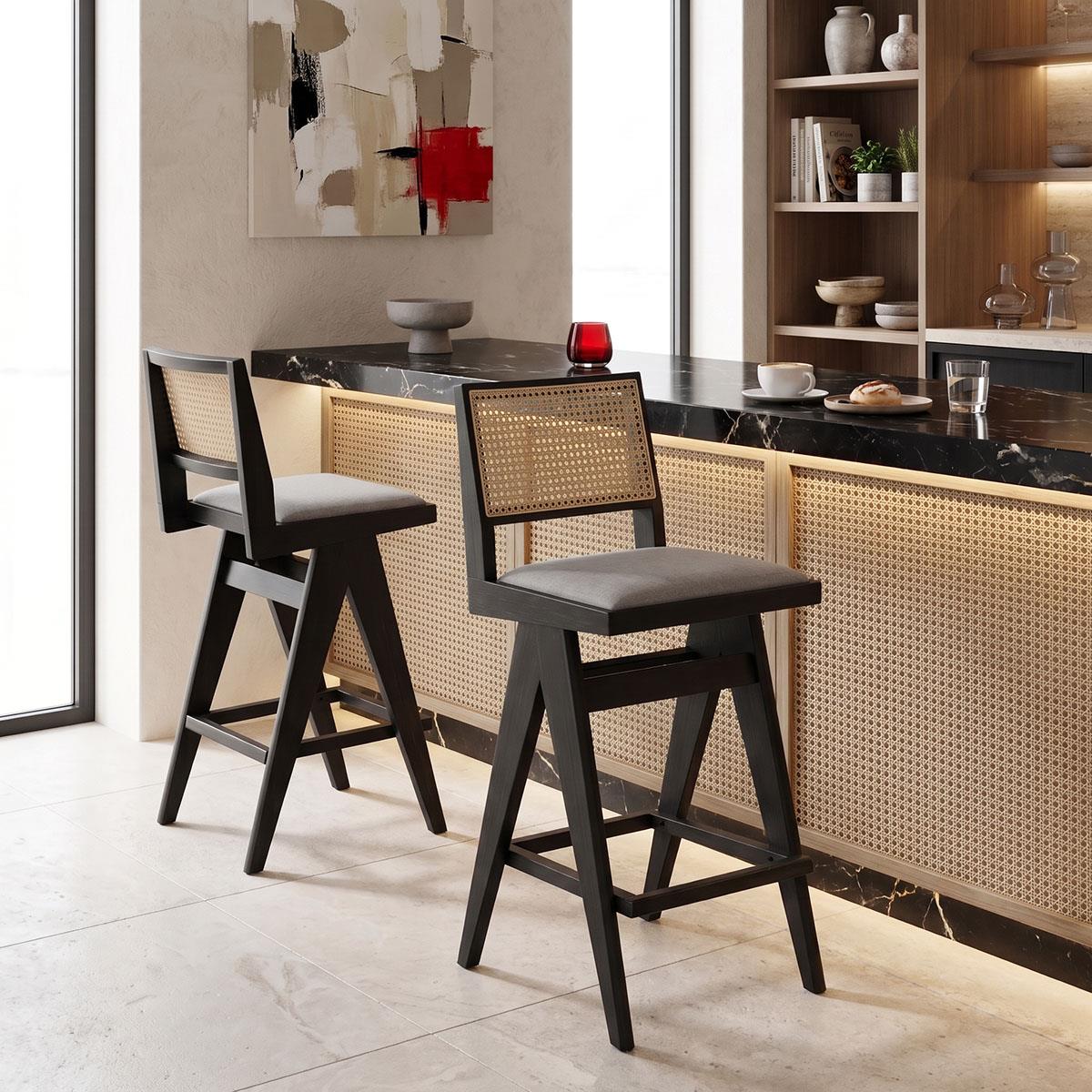 Σκαμπό bar Winslow ξύλο rubberwood μαύρο-pvc rattan φυσικό-ύφασμα γκρι 44.5x46x98εκ