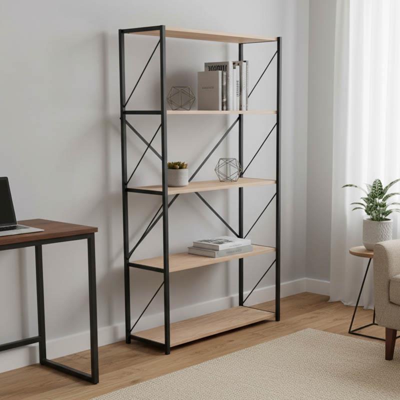 Βιβλιοθήκη Tikilmo oak μελαμίνης-μαύρο μέταλλο 88x34x180εκ