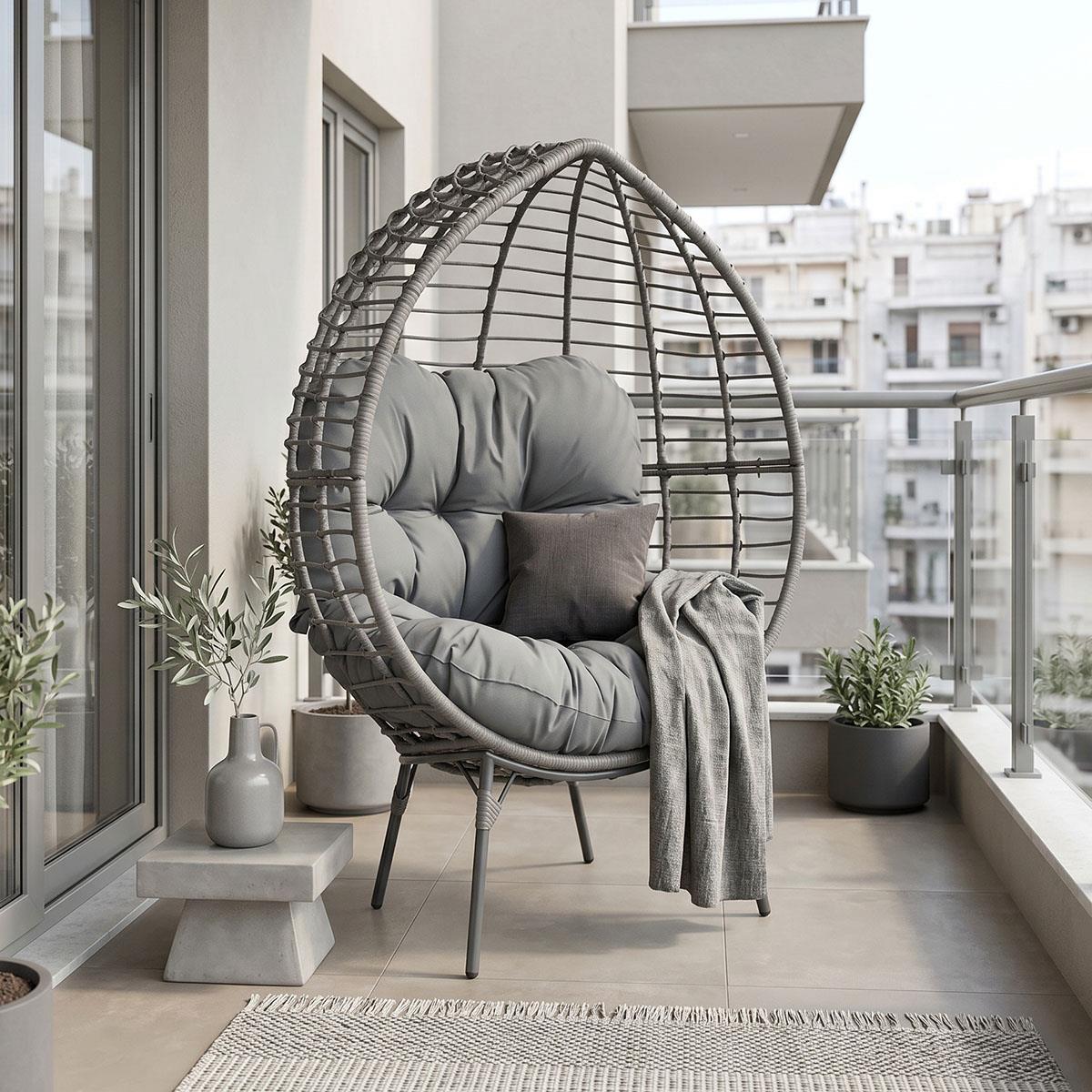 Καρέκλα - Πολυθρόνα Nestie wicker rattan γκρι-μεταλλικό γκρι πόδι-γκρι μαξιλάρι 102x80x155 εκ.