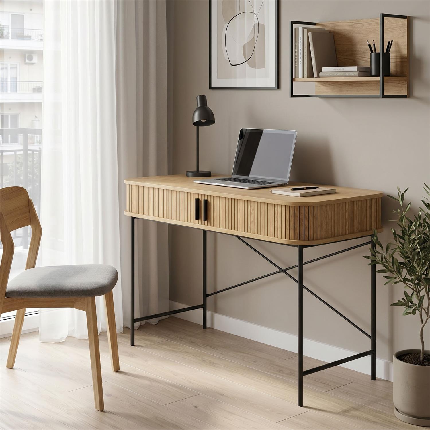 Κονσόλα Scandi MDF/Metal σε φυσική απόχρωση με μεταλλικά μαύρα πόδια 120x60x76,5εκ