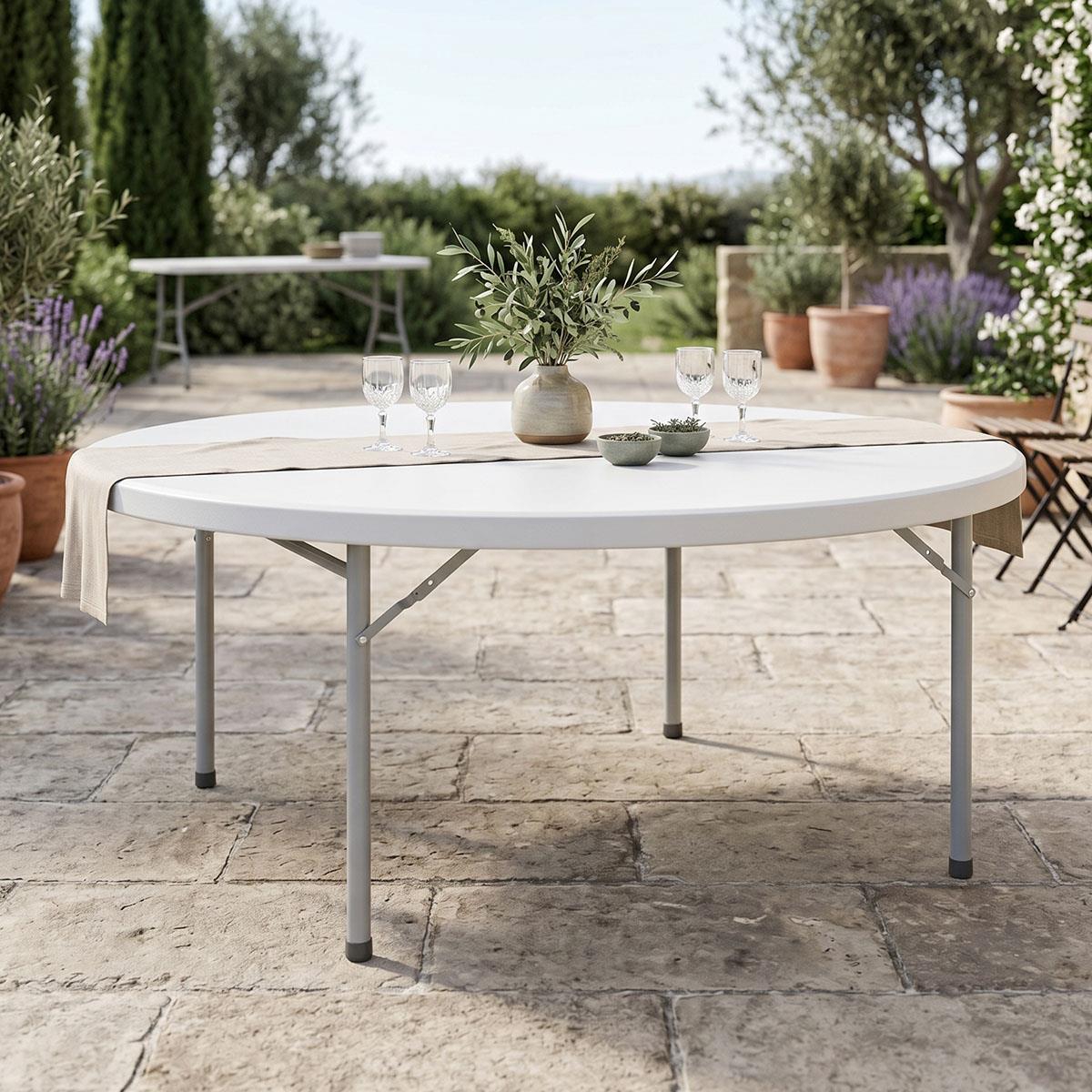 Τραπέζι Catering Comfort Στρόγγυλο Πτυσσόμενο Βαλίτσα λευκό Φ180x74εκ. Τραπέζι Catering Comfort Στρόγγυλο Πτυσσόμενο Βαλίτσα λευκό Φ180x74εκ.