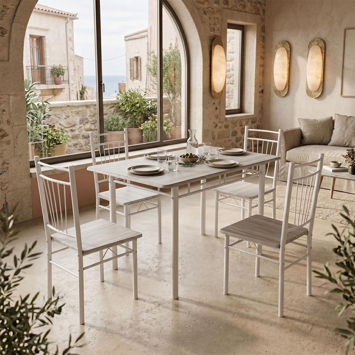 Σετ τραπεζαρία Roza 5τμχ mdf sonoma με μεταλλικό λευκό πόδι 120x65x75εκ Σετ τραπεζαρία Roza 5τμχ mdf sonoma με μεταλλικό λευκό πόδι 120x65x75εκ