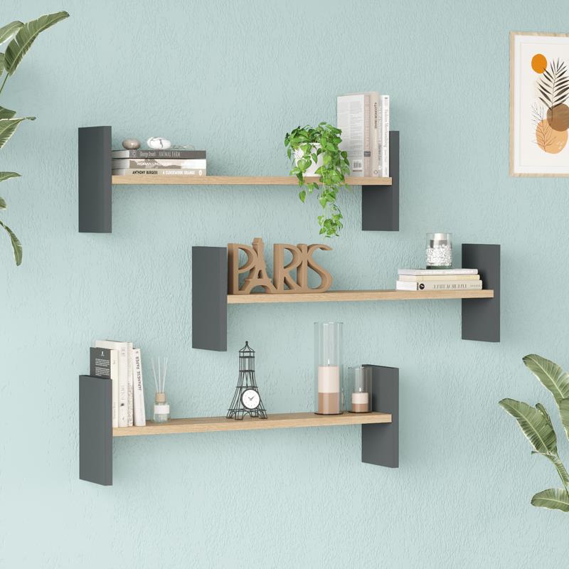 Ραφιέρα τοίχου Mento oak με ανθρακί 75,6x14,5x23,6εκ
