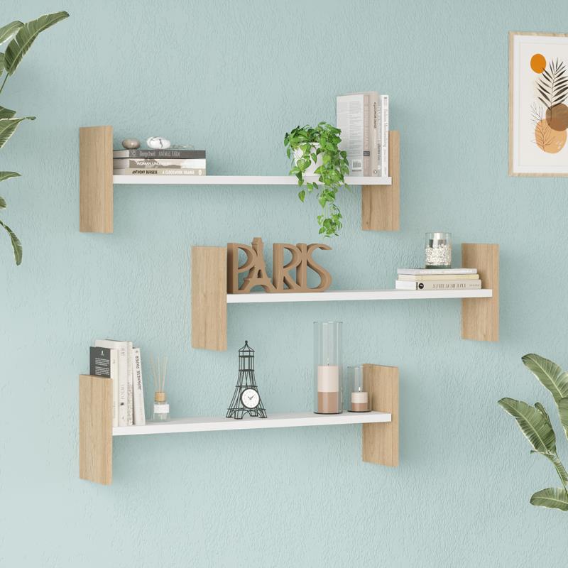 Ραφιέρα τοίχου Mento λευκό με oak 75,6x14,5x23,6εκ