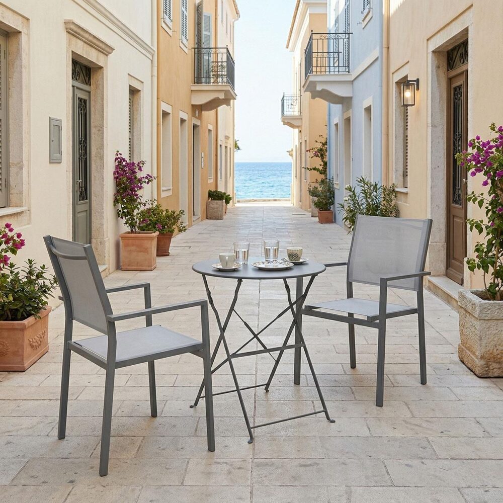Σετ Τραπεζαρία Κήπου Bistro Confidence 3τεμ. ανθρακί μέταλλο με γκρί textilene Φ60x71εκ Σετ Τραπεζαρία Κήπου Bistro Confidence 3τεμ. ανθρακί μέταλλο με γκρί textilene Φ60x71εκ