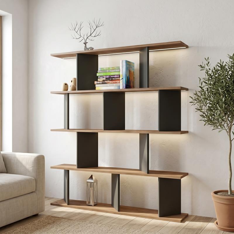 Βιβλιοθήκη Ratu ανθρακί με oak 120x24,6x141εκ