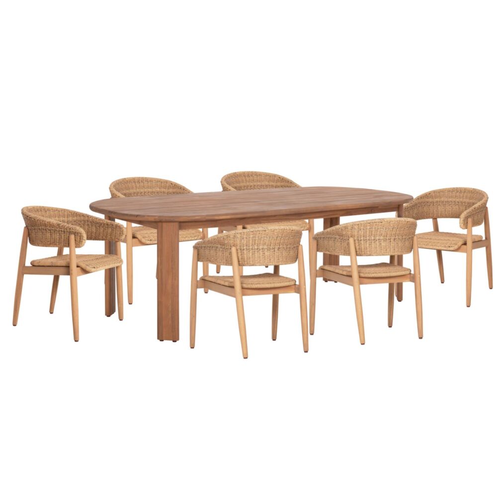 Σετ Κήπου Τραπεζαρίας RAIKKO C11030 7τεμ. Τραπέζι 240x100x75εκ. & 6 Πολυθρόνες Ξύλο Ακακίας - Σχοινί σε Φυσικό