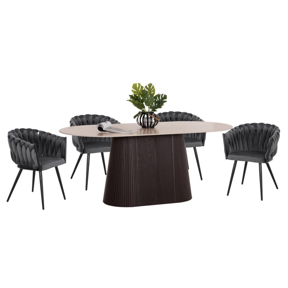 Σετ Τραπεζαρίας CATER C12118.01 5τεμ. Τραπέζι 180x90x74εκ. Κεραμικό TOP & 4 Καρέκλες Γκρι Βελούδο