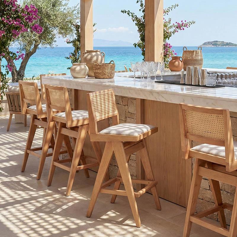 Σκαμπό bar Winslow ξύλο rubberwood ανοικτό καρυδί-pvc rattan φυσικό-ύφασμα γκρι 44.5x46x98εκ