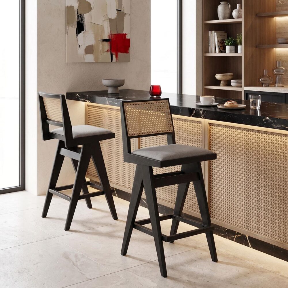 Σκαμπό bar Winslow ξύλο rubberwood μαύρο-pvc rattan φυσικό-ύφασμα γκρι 44.5x46x98εκ
