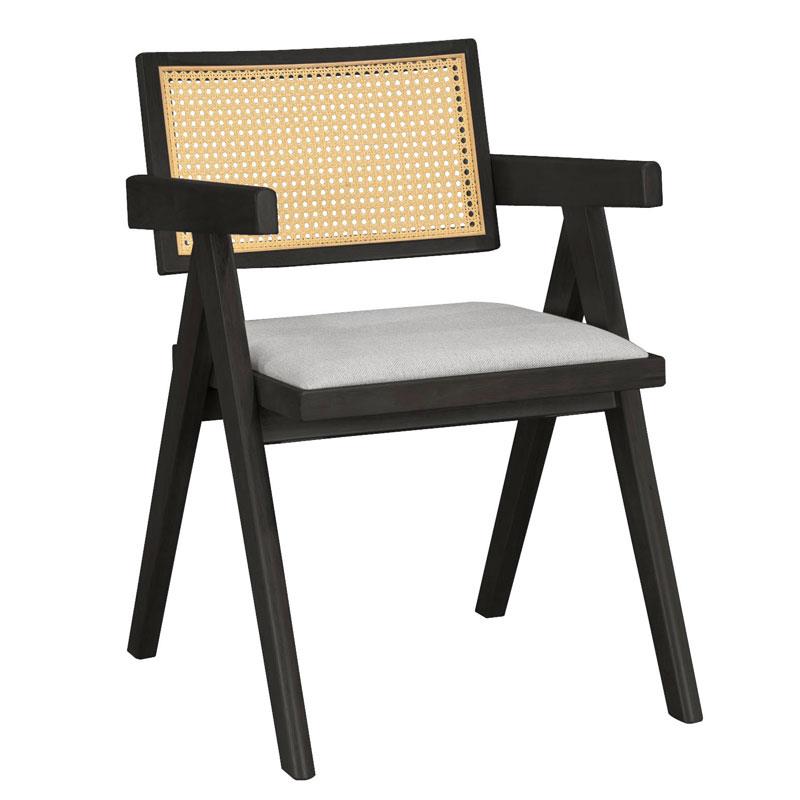 Καρέκλα - Πολυθρόνα Winslow ξύλο rubberwood μαύρο-pvc rattan φυσικό-ύφασμα γκρι