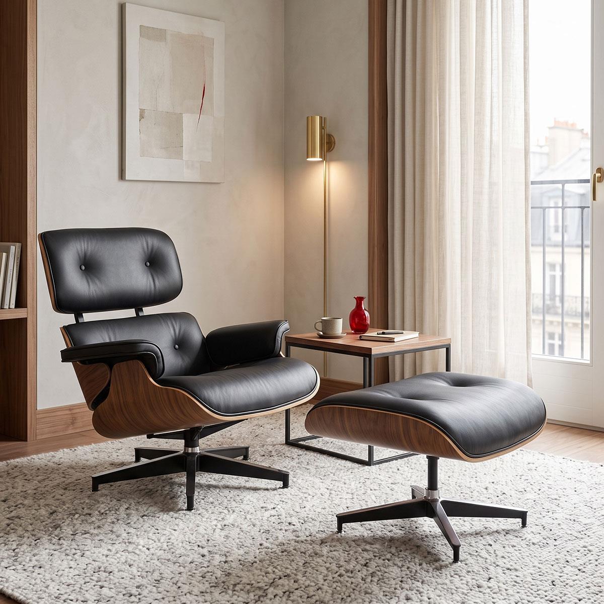 Πολυθρόνα-υποπόδιο relax Jenna μαύρο pu- plywood καρυδί-βάση χρωμίου 82x92x82εκ