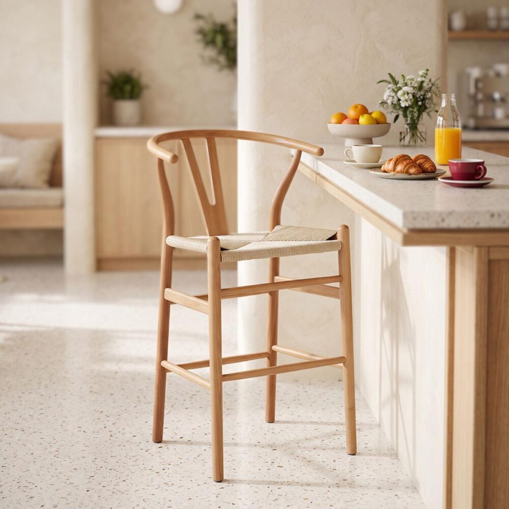 Σκαμπό μπαρ Wishbone rubberwood-σχοινί σε φυσική απόχρωση 55x49x108εκκ Σκαμπό μπαρ Wishbone rubberwood-σχοινί σε φυσική απόχρωση 55x49x108εκκ