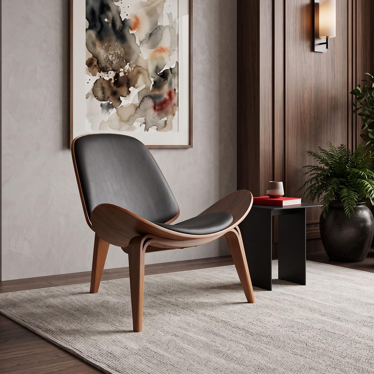 Πολυθρόνα Vilma PU μαύρο- plywood καρυδί 90x76.5x74.5εκ