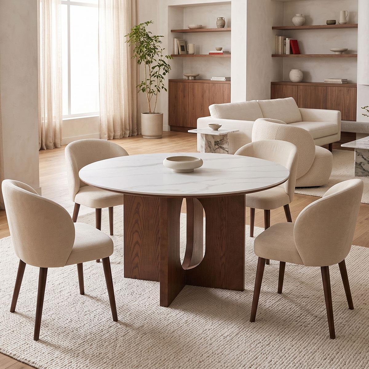 Τραπέζι Merge sintered stone-mdf σε λευκό μαρμάρου με καρυδί βάση Φ130x75εκ